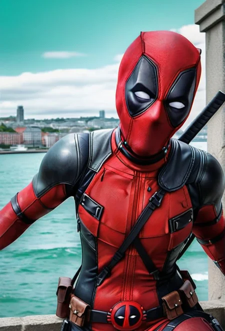 (1girl, solo,, , deadpool in a bodysuit and a mask, , :1.3), The sea green of the frieze is a representation of the Viking's obsession with the city, masterpiece, best quality, high res, illustration, extremely detailed, 8k, wallpaper