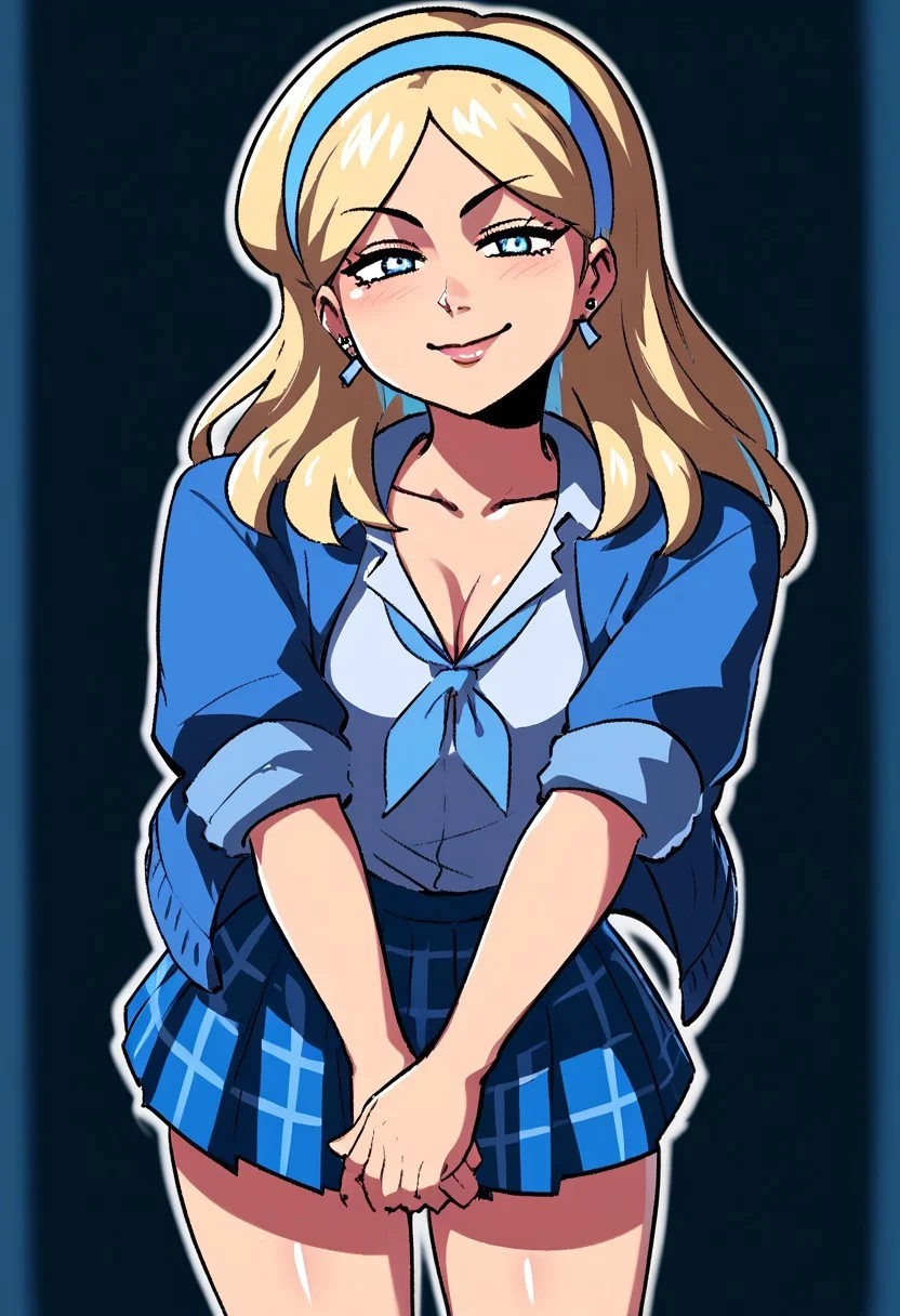 score_9, score_8_up, score_7_up, score_6_up, score_5_up, score_4_up, source_cartoon, <lora:confetti-extract- ponyxl:0.85>, detailed eyes, easynegative, rating_explicit, Expressiveh, 1girl, solo,ceo,  
petite, small breasts,
blue eyes, white shirt, jacket, school uniform, blonde hair, jewelry, collarbone, earrings, hairband, long hair, blue hairband, blue headband, plaid skirt, pleated skirt,
smile, closed mouth, blush, cleavage, full body, standing