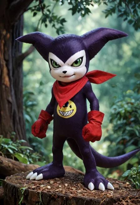 score_9, score_8_up, score_7_up, score_6_up, impmon, digimon (creature), solo, purple skin, green eyes, red bandana, red gloves, tail, realistic