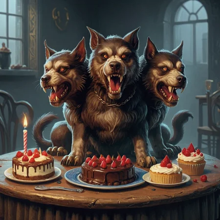 a cerberus sat at a table eating cake<lora:cerberus-000011:1>