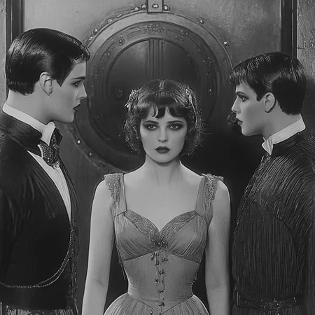 <lora:10s_Retro_Future_MovieSDXL:1> ArsMovieStill, movie still from a 1910s retro future movie, The image shows a black and white photo of three people two men and a woman standing in front of a wall with a door in the background. The woman is wearing a dress and the two men are looking at her intently., 1girl, greyscale, 2boys, monochrome, multiple boys, dress, short hair, makeup, lipstick, blurry