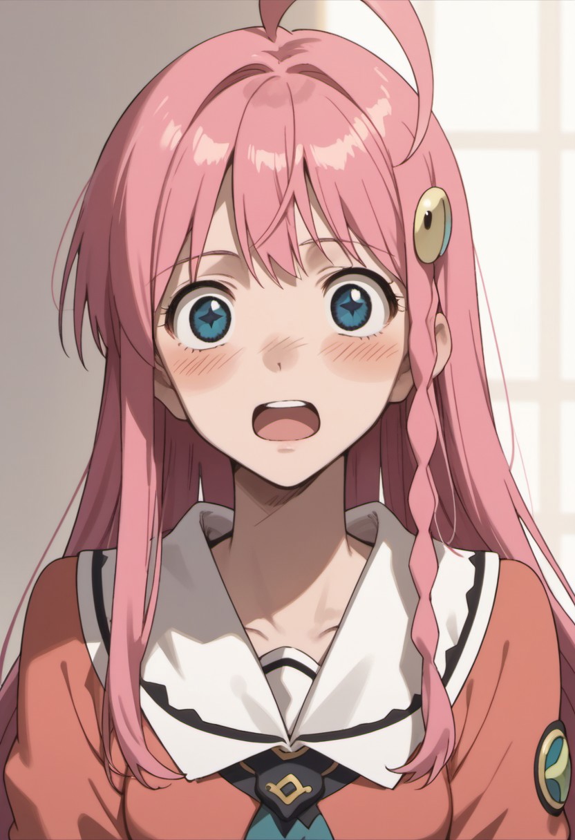 score_9, score_8_up, score_7_up, source_anime, nono, 1girl, solo, pink hair, braid, blue eyes, ahoge, blush, :o, symbol-shaped pupils, open mouth, long hair