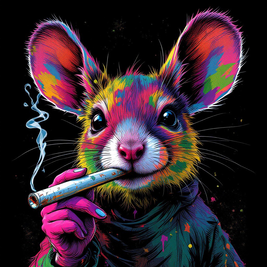 Comic Rebellion, retro pop art Portrait of a Rasta mouse smoking a blunt , cybergoth, nu-goth, post apocolytic,  multicolor neon tones, wabi-sabi art, abstract, punk collage, urbanpunk, random textures, random graffiti strokes, Impermanence, vintage abstract composition, weed leaves, dynamic angles,  dynamic pose,  8k, ultra violet,  black background