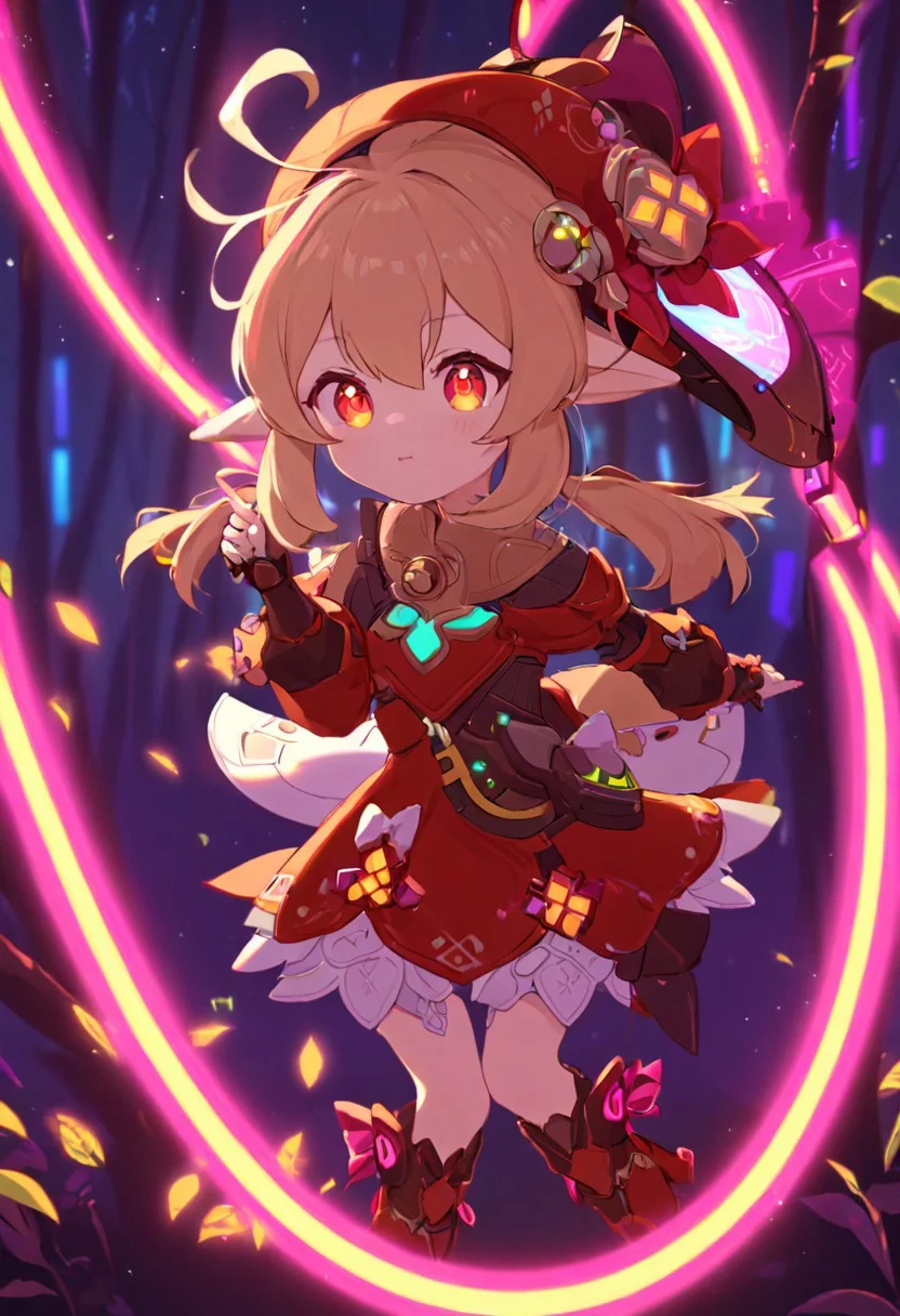 score_up_9, score_up_8, score_up_7,
1girl, witch_hat, , solo, klee_\(genshin_impact\), bangs, hat_bow, orange_eyes, light_brown_hair, ahoge,low_twintails, hair_between_eyes, ,pointy_ears, ribbon,
,(cyberpunk:1.5),(mechanical parts:1.4),nice hands,perfect hands,(glowing eyes:1.1),(cyber armor:1.2),science fiction,<lora:add_detail:1.4>,(cyberware:1.2),pink,neon,(neon trim:1.4),(neon lights:1.2),neon palette,dynamic pose,<lora:GoodHands-beta2:1.2>,<lora:CyberPunkAI:0.2>,CyberpunkAI,
Klee clothing with futuristic details, cyberpunk, neon lights on the armor, at night, in the forest, Klee clothing gothic armor,