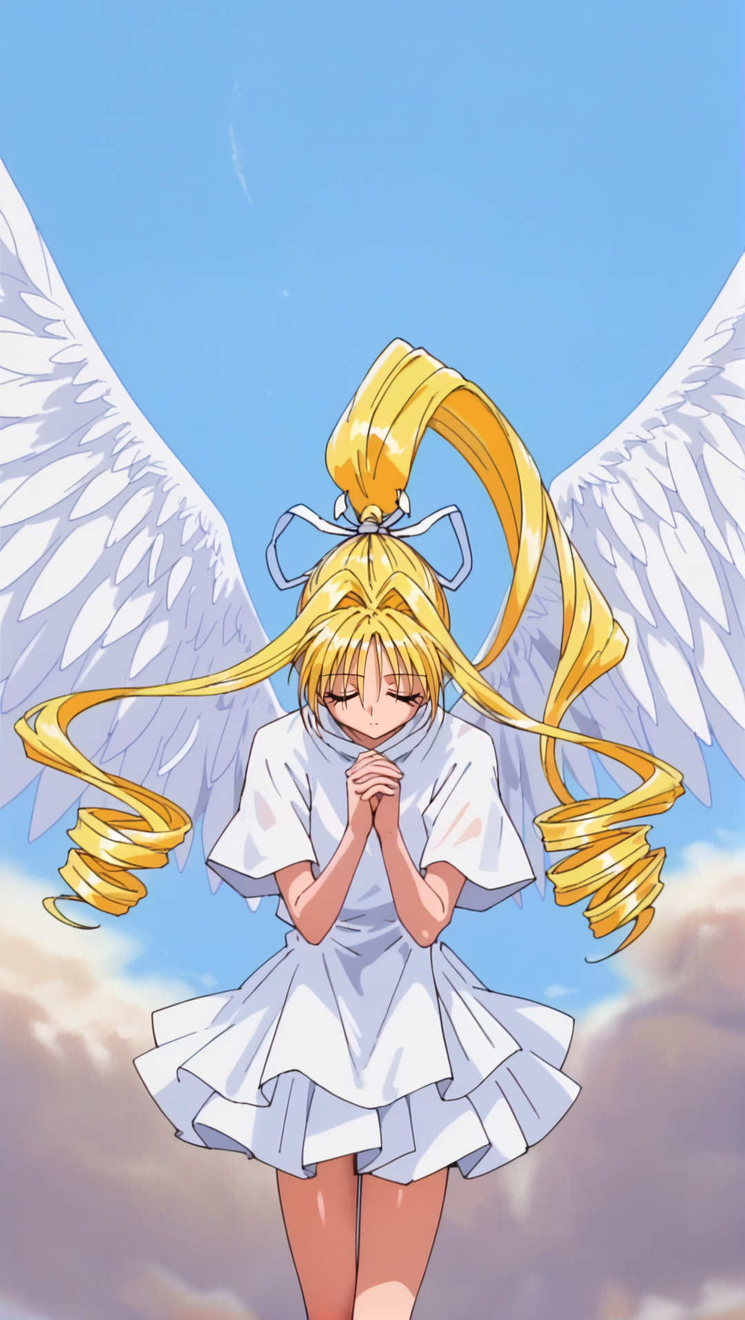 Solo, cute, score_9, score_8_up, score_7_up, KKJs2, artist A style, (blonde hair, very long hair, high twintails, high ponytail, drill hair, white hair ribbon:1.3), transformation outfit, White outfit, short sleeves, standing collar, bare hands,White layered skirt, bare legs, sun, blue sky, White wings, feathered wings, flying above, expressionless, hands together, eyes closed, praying