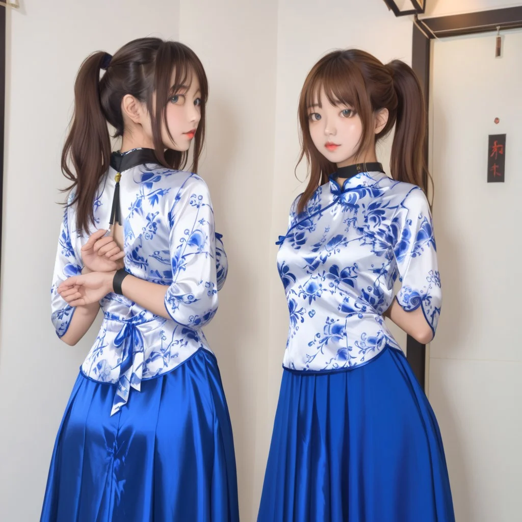 upper body,2 girls,side by side, one girl Body facing front,((the other girl Body facing back)), blush,black collar,arms behind back,wrist hung up the collar behind by Black nylon tape,white Chinese style blouse, breasts apart,large breasts, small waist,great hips,blue silk maxi skirt,The fabric of the dress is smooth and flat,