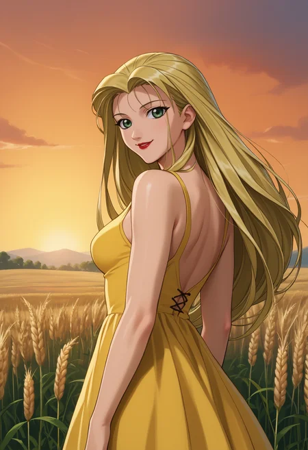 score_9, score_8_up, score_7_up, 1girl, solo, jurabasil, green eyes, red lipstick, blonde hair, long hair, large breasts,
yellow sundress, sleeveless,
looking at viewer, smile, parted lips, looking back, fit,
outdoors, wheat field, sunset,
1990s \(style\),
<lora:JuraBasilEldenPDXL_V1-Manityro-CAME:1.0>,