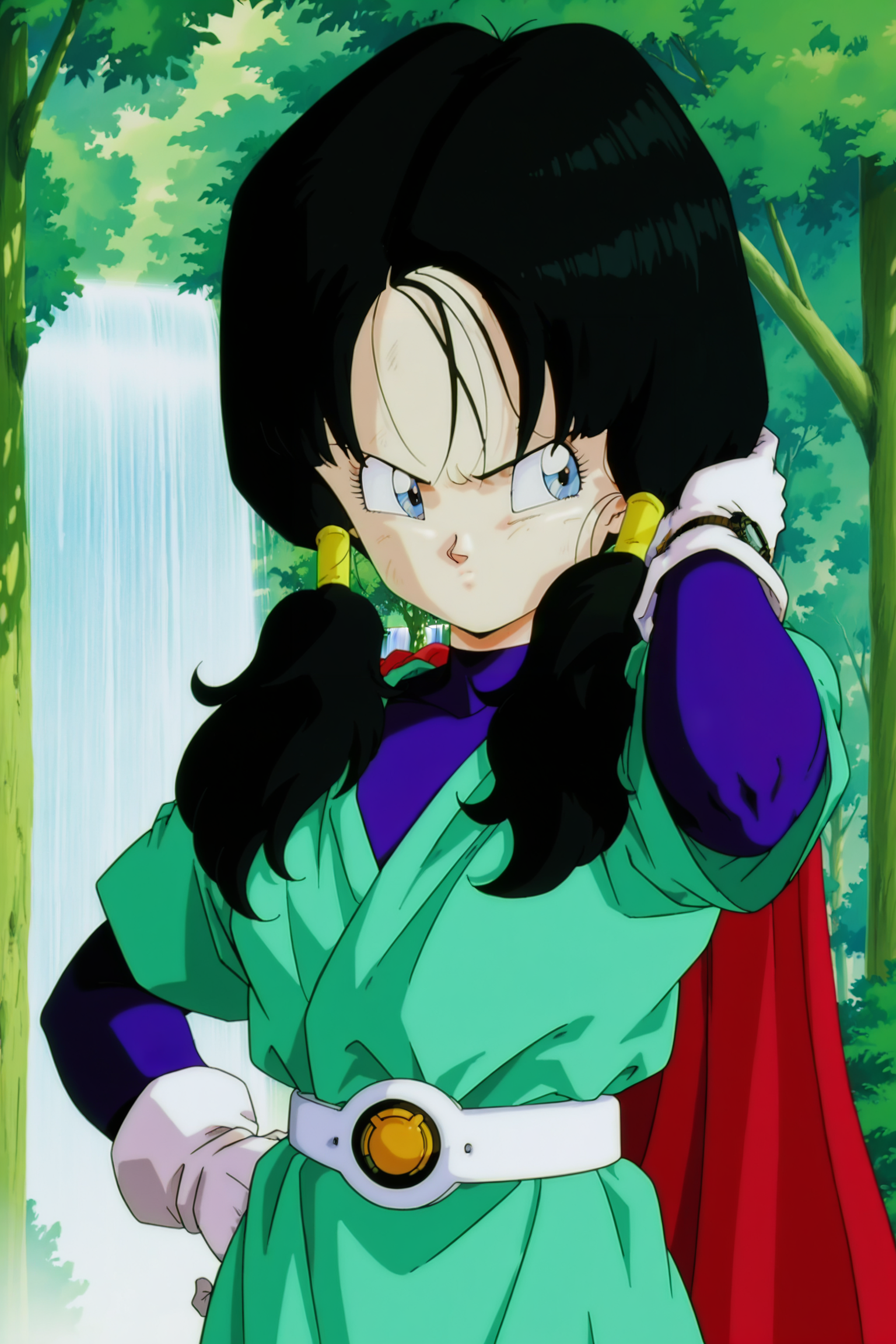 anime screencap, absurdres, high quality, official style,
videl, 1990s \(style\), retro artstyle, great saiyaman costume, girl, solo, blue eyes, twin tails, long hair, black hair, hair tubes, closed mouth, upper body, outdoors, white gloves, green tunic, red cape, purple bodysuit, wristwatch, white belt, hand on hip, v-shaped eyebrows, (annoyed), looking to the side, waterfall, nature, tree, water, forest, eyelashes, hand in hair, arm up, dappled sunlight, 
 <lora:Videl:0.8>