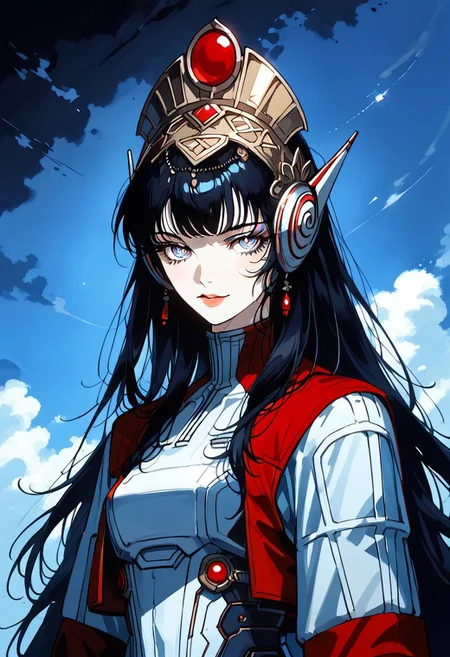 (score_9, score_8_up, score_7_up), source_anime, anime, 1woman, female, panagiataosmtv, long hair, black hair, blunt bangs, blue eyes, helmet, white bodysuit, white gloves, red sleeves, red skirt, ((sexy)), ((seductive)), smile, pink lips, ((royal)), solo, award winning photography, (ultra-detailed body), (Sharp focus), detailed face, detailed eyes, folk dress, seductive, innocent, kanekostyle, lipstick, eye shadow, eyelashes, yellow field, dark deep blue sky, evening. upper body shot, closeup, portrait, sky, clouds, blacklight, dappled light,dappled sunlight, rich furs, fur coat, dark background