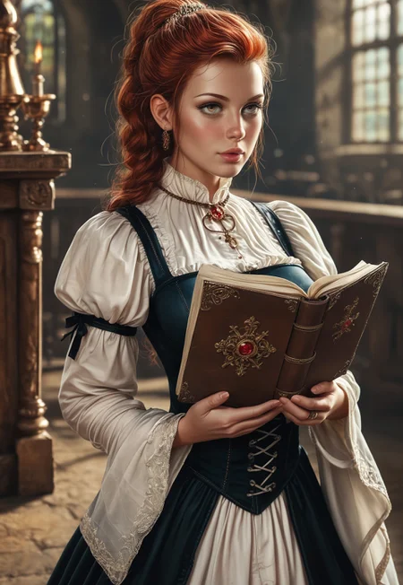 RAW photo, Hyper realistic, realistic photo, masterpiece, stunning, best quality, expression, a highly detailed, young beauty woman, ((style medieval)), elegant medieval dress with lace, curvy body, highly detailed, auburn-haired, dynamic angle, ultraHD
dynamic pose
BREAK
(((full-clothed))), ((simple leather-bound book in hands, old tome in hands))
ancient castle library background
 <lora:add-detail-xl:1>
 <lora:Dynamic Poses:1>
<lora:DandonFuga_Style_v.2_-_Pony:0.8> 