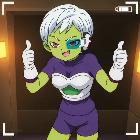 score_9, source_anime BREAK 1girl, solo, colored skin, green skin, cheelai wearing a purple bodysuit, standing, white armor, white gloves, thumbs up, tinted eyewear, purple shorts, indoors, traditional setting, viewfinder, pointing at viewer, open mouth, smug, smile, dynamic pose, dim lighting, shadows ð, captured on camera <lora:cheelai_dbs:1>