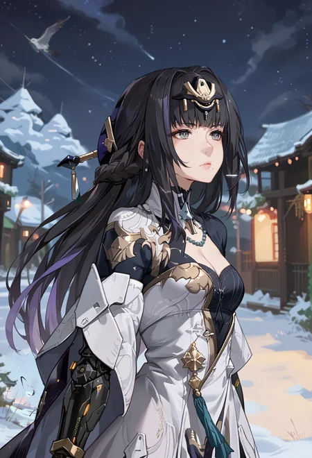 score_9, score_7_up, source_anime, BREAK <lora:Qu-Shukra:0.8> Shukra, gray eyes, multicolored hair, black hair, lavender hair, mole under mouth, headgear, dress, mechanical arm,
night sky, snow,<lora:AEFeguimel:1>