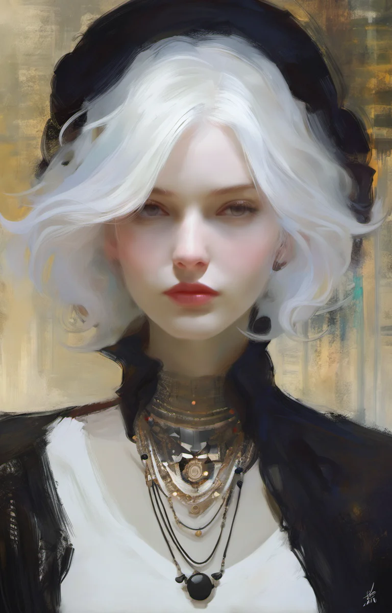 (Style by NTY:1.4), a woman, black shirt, white hair, intricate, dark, <lora:OilPaint:0.7>