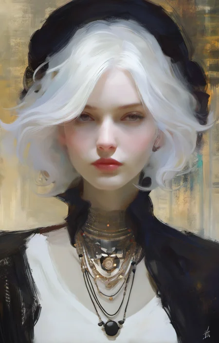 (Style by NTY:1.4), a woman, black shirt, white hair, intricate, dark, <lora:OilPaint:0.7>