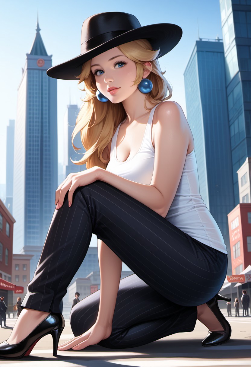 score_9, score_8_up, score_7_up, score_6_up, score_5_up, score_4_up, high quality, (photorealistic), (Extremely detailed), 1.5, <Lora:add-detail-xl:1.5>, princess peach, blonde hair, blue eyes, long hair, black fedora hat, white tank top, black pinstripe suit pants, black mule heels, Marco, Giantess, giga size, gigantic, city, sitting, ((kneeling down)), looking down, ((hand on leg)), ((arm on knee))