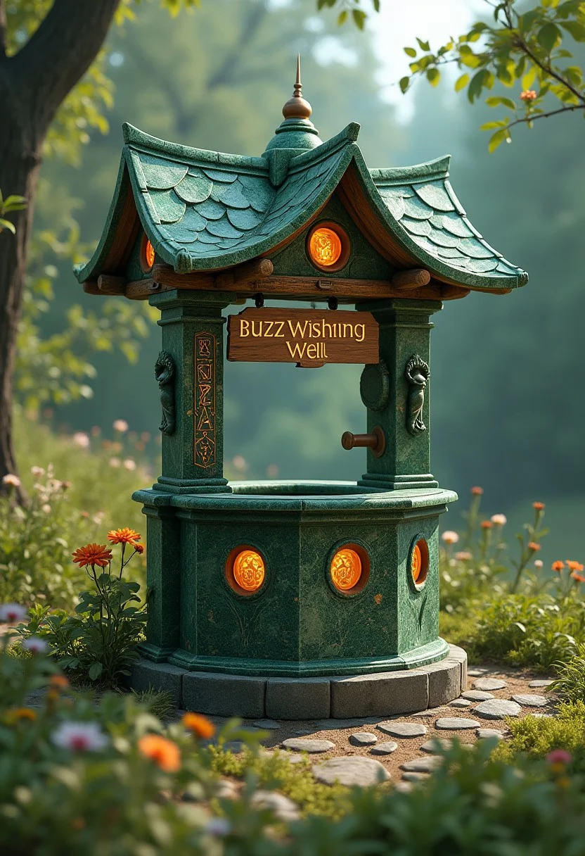 breathtaking photography, masterpiece of art, highest quality, 32k, intricate details, unreal hyperrealistic textures, in an enchanting dreamlike meadow with fantastic ethereal flowers and exotic but familiar shrubbery is a surreal out of place looking art deco well made of precious green marble blocks carved with golden glowing runes and lighting symbols, with a sign saying "Buzz Wishing Well" placed on its roofed structure help up by greek statues.