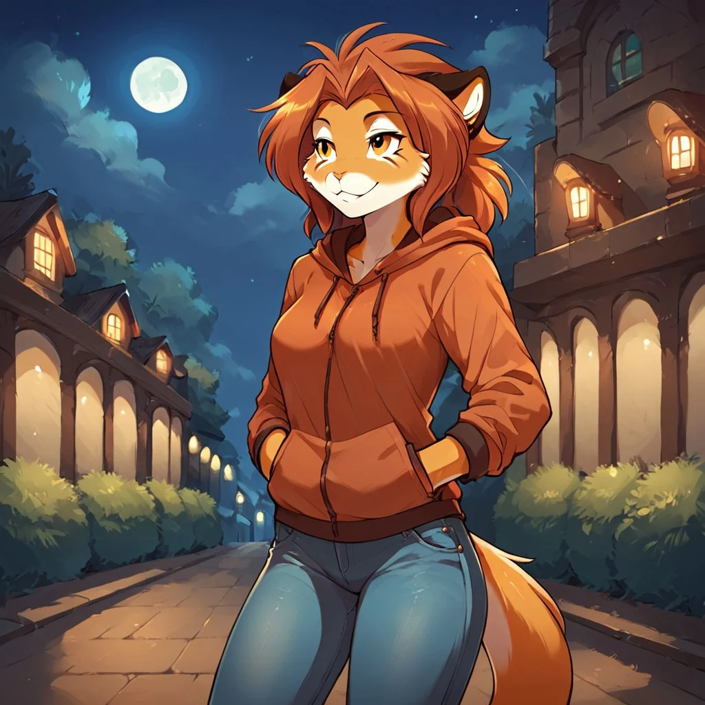 score_9, score_8_up, score_7_up, masterpiece, best quality, good quality, source_furry, Expressiveh, modern city, street lights, night time, night sky, moon, 1 girl, solo, aerith-twokinds, anthro, hoodie, jeans, hands in pockets, standing