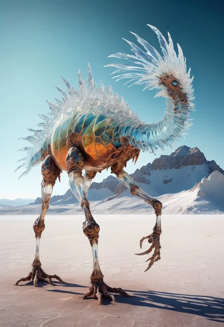 white desert oasis, salty earth, hyper detailed,  rusty, striking, animalistic, bite-sized, by Floris van Schooten  and by richard avedon, famous artwork inspired by (beeple:1.3) and (cliff nielsen:1.4), crystalline, fractal art, fantasy style, this peculiar life form, the "inquisitive plerkblortz" hides in the gnarling dense crystal jungles of the puffalorpled exoplanet "gazorpazorp secundus", covered in a metallic exoskeleton it ambushes its prey with (long crystalline appendages:1.4), dark, shadows, black, shadow hues, highly artistic, highly painterly, harmonic colors, expressive, ultimate aesthetic level, visible brushstrokes, masterclass artistry, vibrant energy, apocalyptic mood, atmospheric haze and dense fog, strong winds,  highly aesthetic, otherworldly, limited palette,  faded colors, washed out colors, extremely dark, extremely low key lighting, dark shadows, perfect composition, full panoramic shot