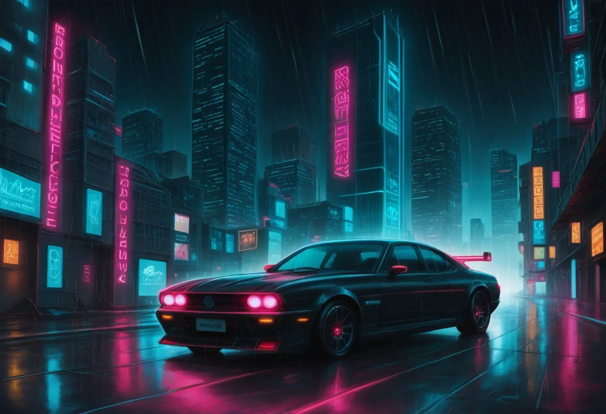 Ultra realistic car in cyberpunk style:
Physical characteristics of the car:
A modern sports car with an aggressive design, sharp lines and aerodynamic shapes.
Reinforced metal and carbon fiber body with matte black finish and neon light accents.
Rubber tires with glowing treads and futuristic rim design.
Large, tinted glass surfaces that give a mysterious and high-tech look.
Lighting and visual effects:
Bright neon light strips on the edges of the body that glow in different colors (neon blue, green, pink).
Light panels on rims and tires that create light effects when moving.
LED headlights and taillights with a futuristic design that give an aggressive and dynamic look.
Laser projectors mounted on the roof that illuminate the road and create a dramatic atmosphere.
Interior and details:
High-tech interior with leather seats and illuminated dashboard panels.
Holographic displays and interactive screens to control car functions.
Advanced control system with tactile controls and lighting effects.
Background and Environment:
Cyberpunk style cityscape with tall skyscrapers, neon signs and lights.
Streets covered in rain and lights reflecting off the wet surface creating a dramatic contrast.
Flying vehicles and drones patrolling the sky.
Atmosphere:
Dramatic light from city lights and neon signs that adds depth and realism to the image.