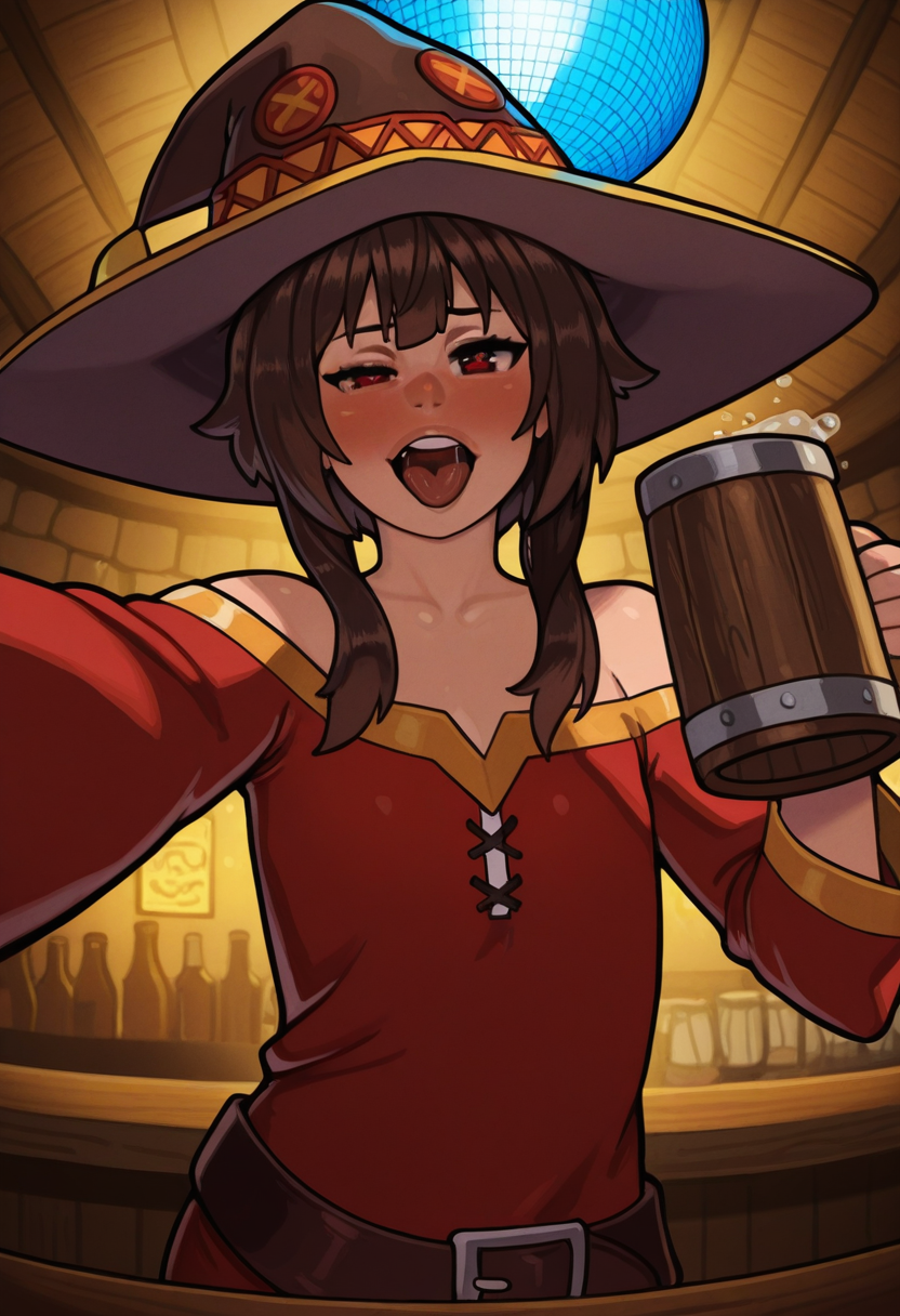 r31nstyle, masterpiece, best quality, solo,   megumin, neon party lights, tavern, disco ball, pov from below selfie,  one eye half closed, holding tankard, drunk, hat, messy hair, burp,