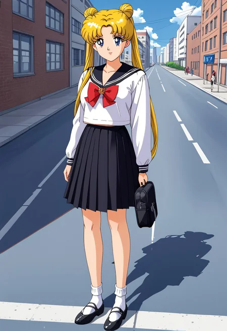 retro art style, solo, Tsukino Usagi, 1 girl, blue eyes, detailed pupila, parted bangs, long hair, blonde hair, two pigtails, double buns, very long hair, big breasts, (serafuku, school uniform, black skirt, skirt, pleated skirt, black sailor collar, sailor collar, bow, ribbon, white blouse, blouse with long sleeves, white socks, black footwear, shoes), full body, holding backpack, looking at viewer,  street background