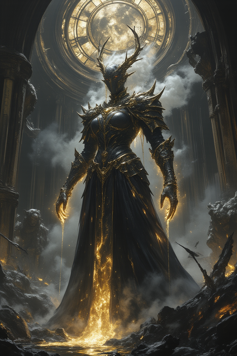 fg,fg,a digital anime-style illustration,Dark Souls-inspired female warlord in decaying cathedral, Unreal Engine 5 cinematic render, 8K HDR:
Tall armored queen with blackened steel corset armor fused with gothic buttresses
Gold molten tears streaming down cracked porcelain mask
Left arm transformed into crystallized void holding chain-bound grimoire
Smoke-**** hair containing constellations of dying stars
Environment:
Collapsed astral clocktower sinking into black tar lake
Floating debris of shattered stained glass depicting golden heresies
Giant corroded gears impaling petrified angel statues
Lighting:
Cold moonlight slicing through sulfurous fog
Bioluminescent gold runes pulsing on armor cracks
Volcanic glow from distant magma fissures