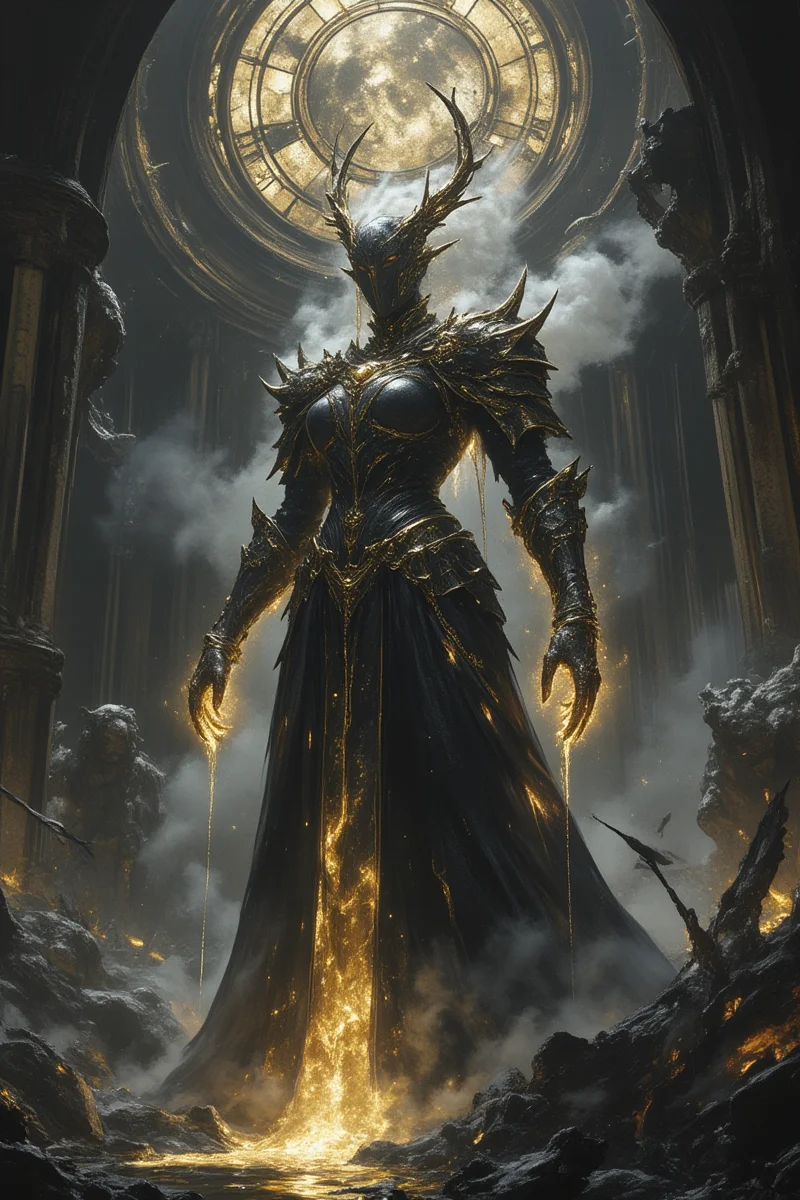 fg,fg,a digital anime-style illustration,Dark Souls-inspired female warlord in decaying cathedral, Unreal Engine 5 cinematic render, 8K HDR:
Tall armored queen with blackened steel corset armor fused with gothic buttresses
Gold molten tears streaming down cracked porcelain mask
Left arm transformed into crystallized void holding chain-bound grimoire
Smoke-**** hair containing constellations of dying stars
Environment:
Collapsed astral clocktower sinking into black tar lake
Floating debris of shattered stained glass depicting golden heresies
Giant corroded gears impaling petrified angel statues
Lighting:
Cold moonlight slicing through sulfurous fog
Bioluminescent gold runes pulsing on armor cracks
Volcanic glow from distant magma fissures