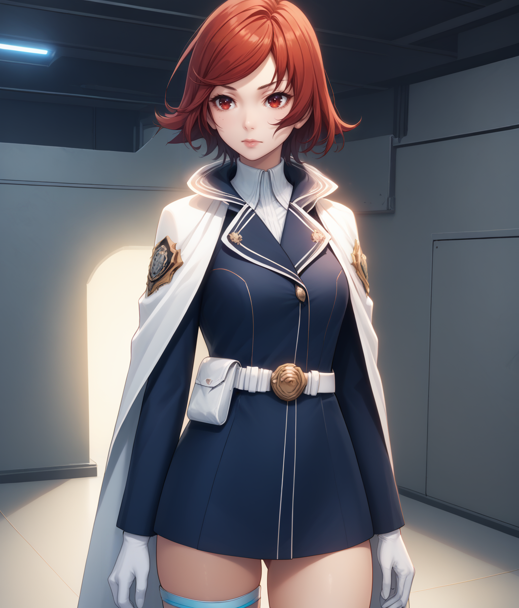score_9, score_8, score_7, cowboy shot, 1girl,  <lora:Himeno_Akatsuki_PXL_r1:1> himeno_akatsuki, red hair, short hair, military uniform, white cape, white gloves, standing BREAK indoors, sci-fi, white ceilings, white floor, artifical lighting