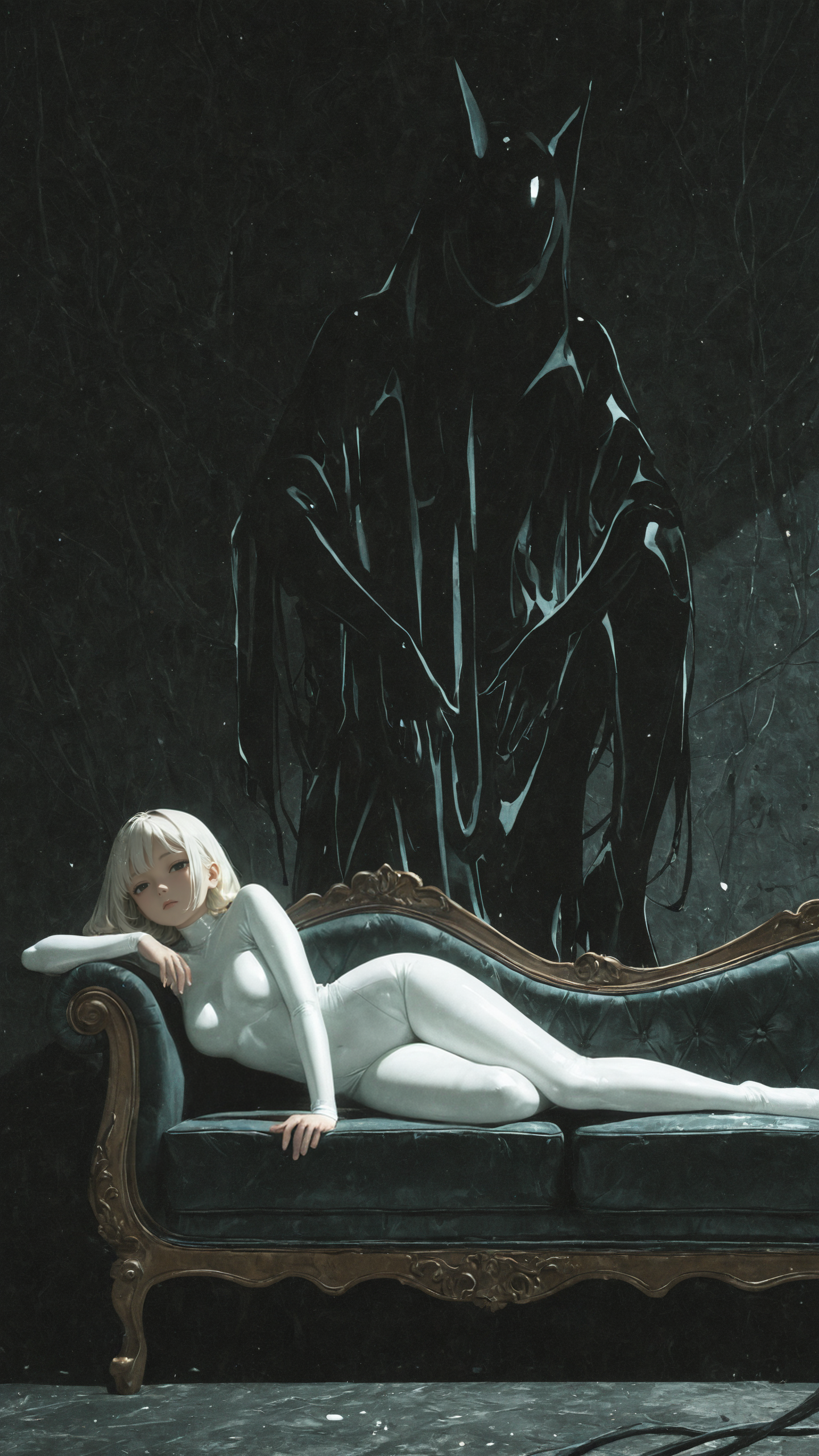 painterly, best quality,absurdres, (surreal:1.6),
1girl, arm support, white latex, black couch, dark shadow, (dark:1.5),