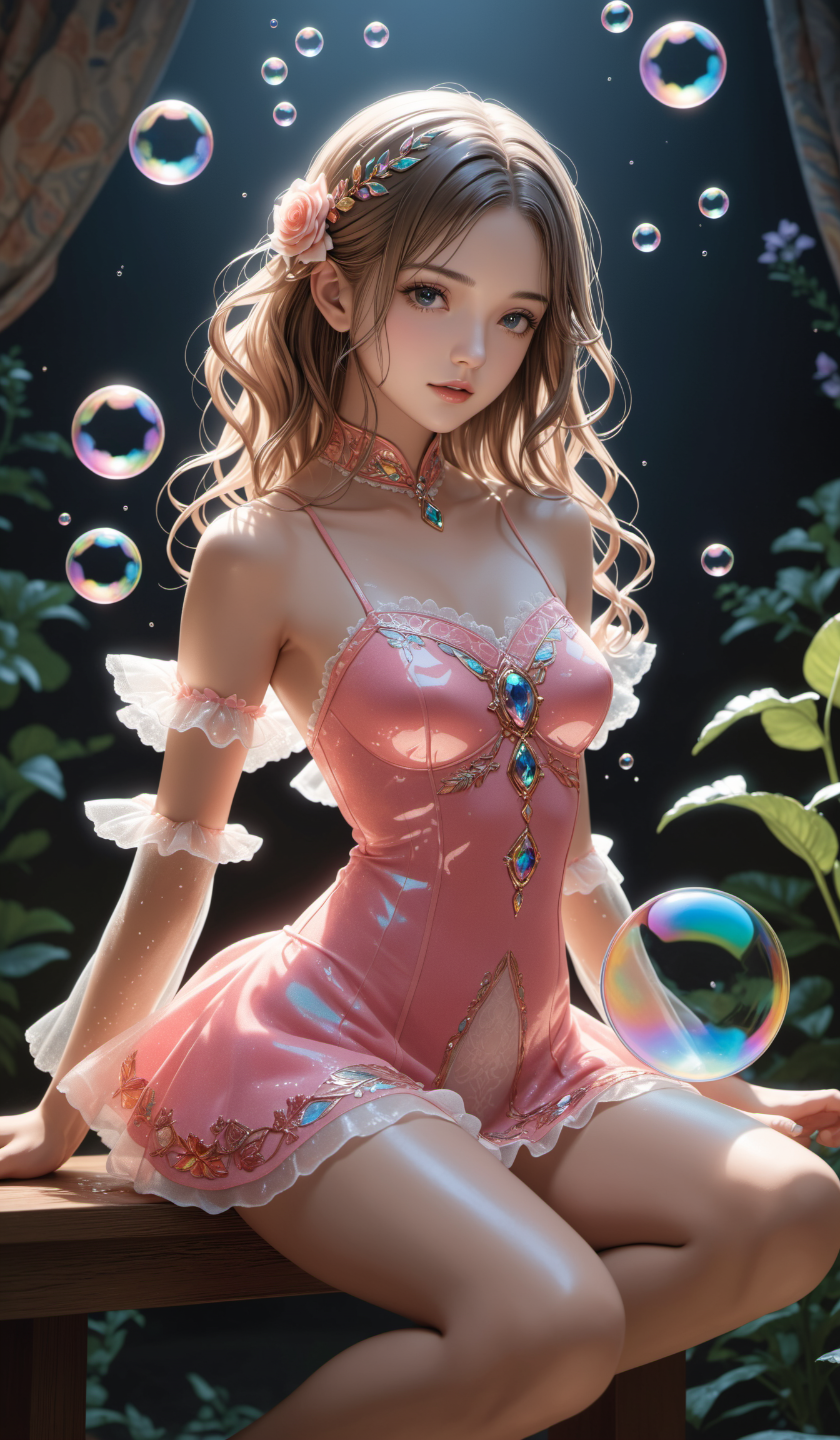 (Best quality,masterpiece,absurdres,ultra realistic:1.4),(Rococo:1.4),(close portrait:1.3),peerlessly beautiful idolmaster ,beautiful detailed eyes,(see-through_clothing),shine,glowing,sparkling,energy coalescing and vibrating,(dynamic angle,dynamic pose),whole_body,W-sitting,shy ,sad,disdainful ,Around,sex,nsfw, topless, nude,
wearing china_dress,(((miniskirt))),
(),(glanceable internally flawless rhodochrosite, mixed cut, culet facets, 10.00 carat, prismatic,    glistening, fabric, inflexible, sustained quality, surface coating, gypsy setting, synthetic, collectible, vintage, renaissance, zodiac signs),(prairie, slope,wet mud),(frothy,ruined,whimsical,pleasant),(children's room/nursery, refrigerator,Shampoo and Conditioner,hairdryer,Table,Cooking Utensils (Spatula, Ladle, etc.), laminate,Tapestry Rosepath tapestry,Conglomerate stone, Fluorescent Tubes,Algae Bioreactors for Lighting, fiber optic lighting),
(Around floating bubbles:1.4)the most beautiful form of chaos,
(hexagon:1.4),(leaves:1.4),