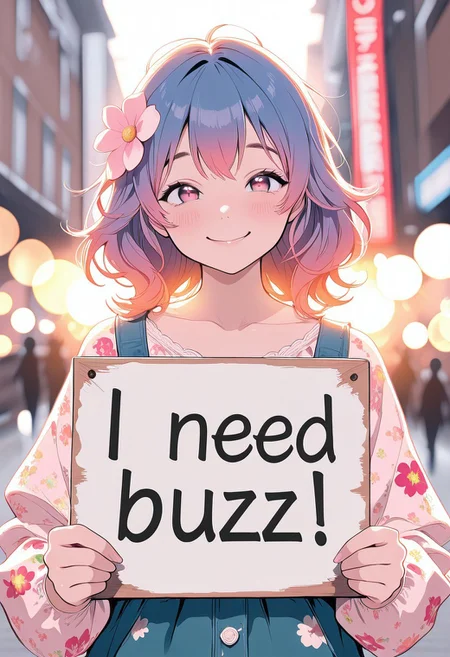 masterpiece, best quality, 1girl, solo, cute,
random girl, random woman, random pose, random place, random face, random view, random hairstyle,  random hair color, hair flower,floral print,
depth of field, smile, bokeh, bloom, backlighting, sign on background, "Need Buzz",