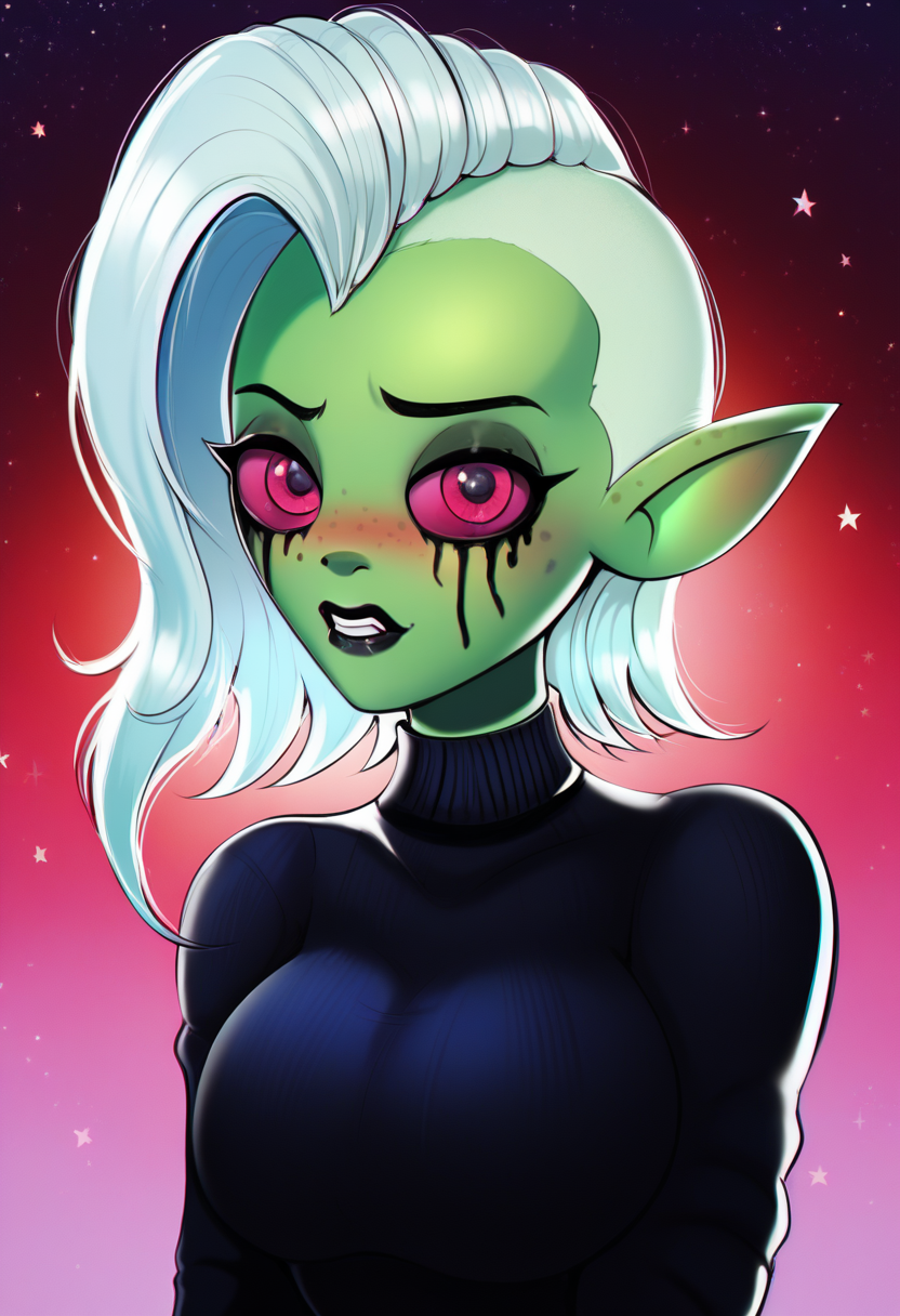 zPDXL, score_9,score_8_up,score_7_up,_up,source_cartoon, best quality, amazing quality, masterpiece, 1girl, looking at viewer, solo, blush, black lips, <lora:LordDominator3D:0.8>, lord dominator wo!262, green skin, breasts, white hair, pink eyes, freckles, no nose, pointy ears, dark forest, night, red moon, stars at the sky, wallpaper, beautiful nature, beautiful background, clevage,(black sweater:1.2), large breast, visible boobs, shadman, <lora:Shadman:1.2>