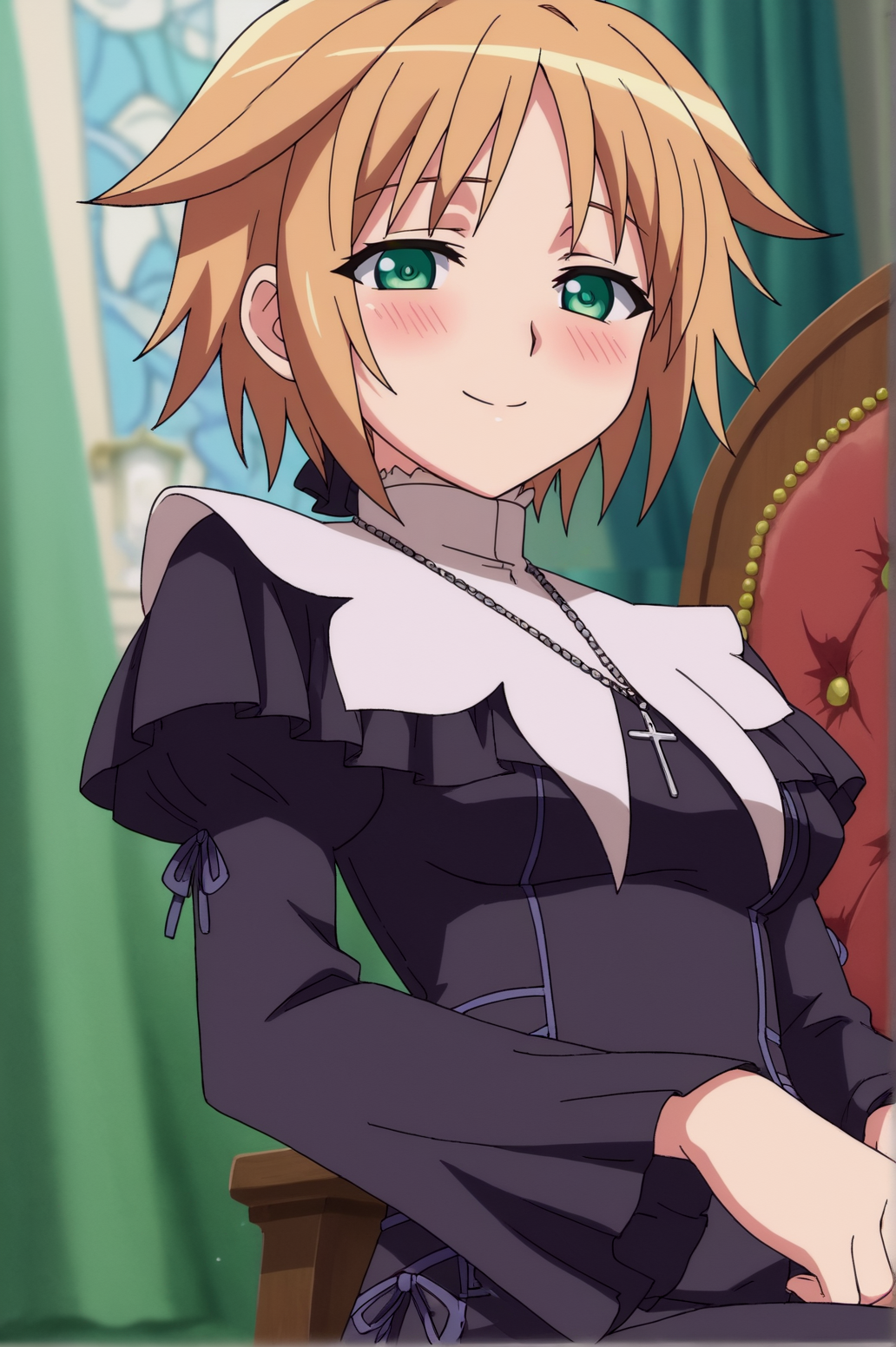 score_9, score_8_up, score_7_up,anime_source, source_anime, best background, detailed background, anime screencap,  Teresa, 1girl, solo, traditional nun,  seductive body, blush, light smile, full body, dynamic angle, dynamic camera, sit, chair, indoors,  <lora:JN_Teresa_Beria:0.8>
