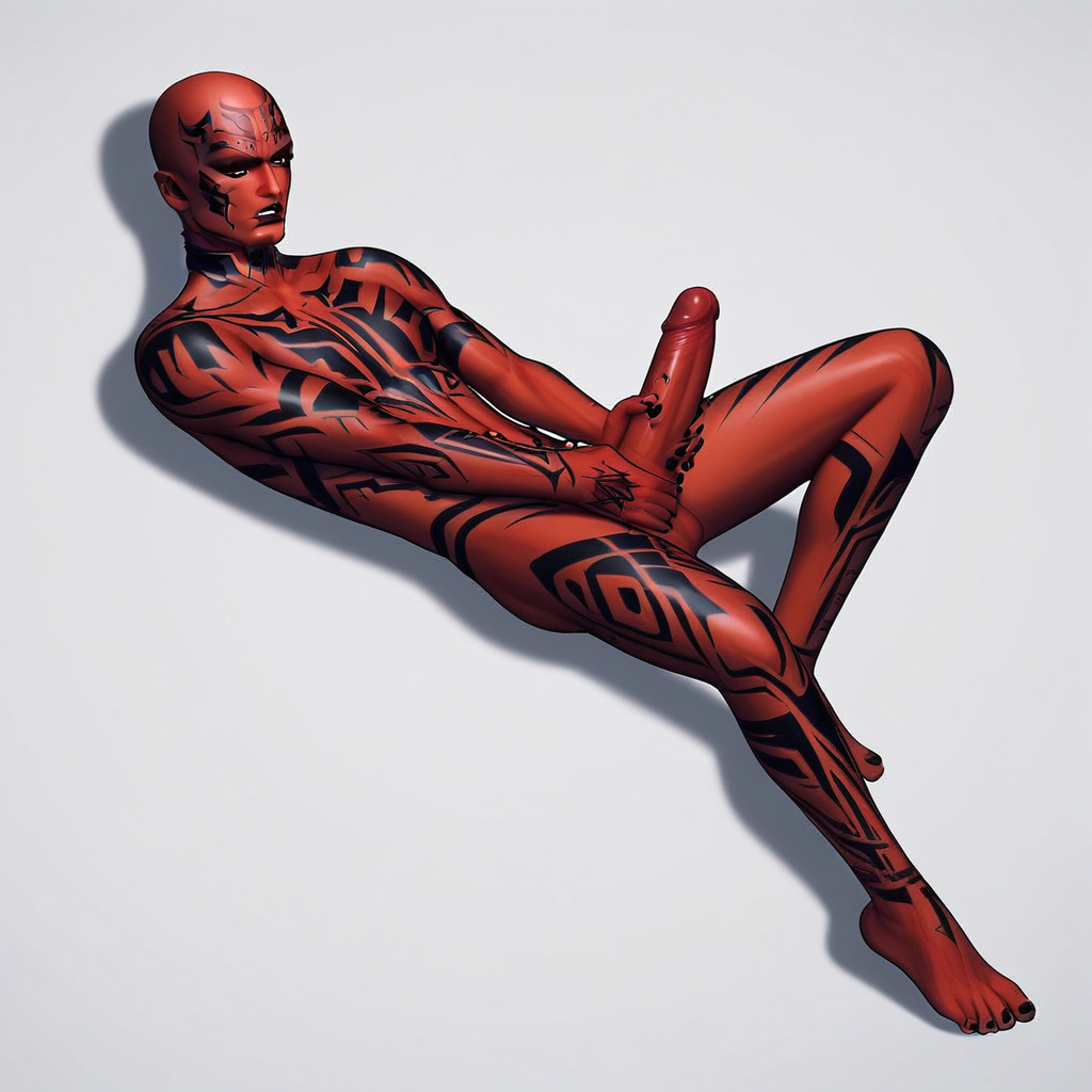 1boy, darth maul, red skin, red-and-black skin, black tattoos, sith, big penis, laying down