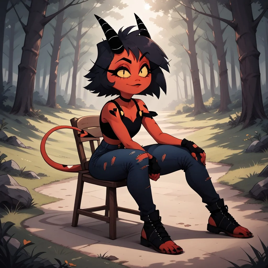 score_9, score_8, BREAK, solo, Millie_(Helluva_Boss), Imp, red skin, devilish tail, white striped black horns, bangs, yellow sclera, black hair, short hair, black heart tattoo, black choker, black crop top, navel, yellow buttons, black fingerless gloves, black torn denim pants, black toeless footwear, barefoot, self portrait, smile, looking at viewer, outdoors, sunlight, shadows, evening lighting, natural lighting, forest, trees, grass, orange sky, sunset