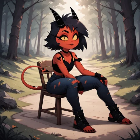 score_9, score_8, BREAK, solo, Millie_(Helluva_Boss), Imp, red skin, devilish tail, white striped black horns, bangs, yellow sclera, black hair, short hair, black heart tattoo, black choker, black crop top, navel, yellow buttons, black fingerless gloves, black torn denim pants, black toeless footwear, barefoot, self portrait, smile, looking at viewer, outdoors, sunlight, shadows, evening lighting, natural lighting, forest, trees, grass, orange sky, sunset