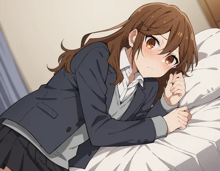 score_9, score_8_up, score_7_up, source_anime,
kyoukohori,  <lora:kyouko-hori-s2-ponyxl-lora-nochekaiser:1>,
kyouko hori, long hair, bangs, brown hair, hair between eyes, brown eyes,
shirt, school uniform, jacket, collared shirt, blazer, sweater, grey sweater, white shirt, black blazer, skirt, black skirt,
indoors, bed, bed room, on side, blush, drunk,
cowboy shot, looking at viewer, solo, dutch angle,