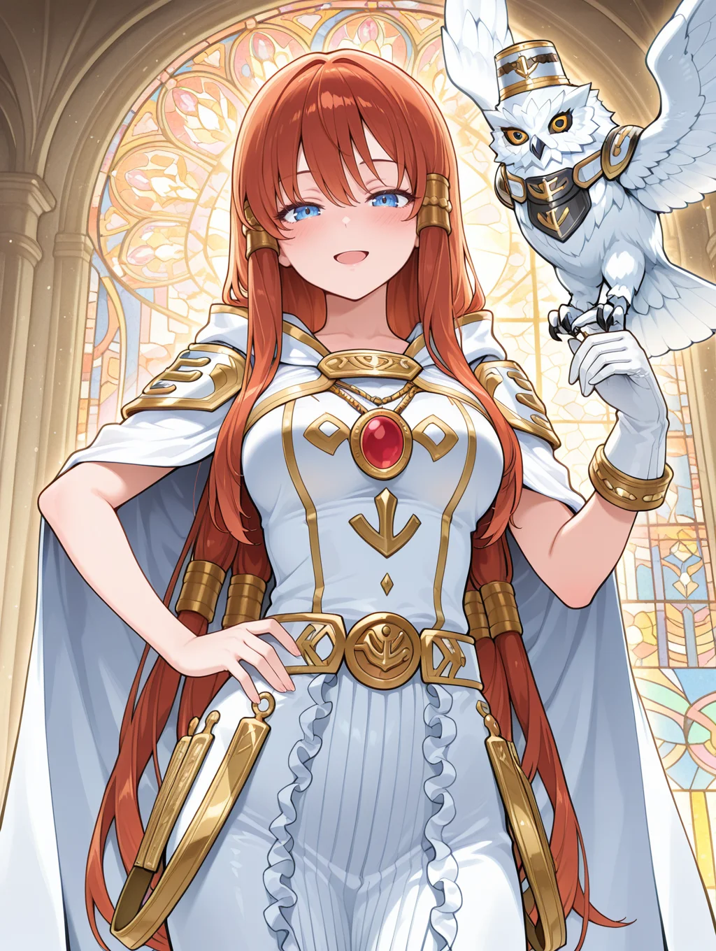 minerva - the exalted lightsworn, 1girl, blush, solo, smile, white owl, bird on arm, gold hair tubes, traditional media, open mouth, looking at viewer, angel wings, hand on own hip, white cape, white long dress, single white glove, hood down, 1other, red jewelry,stained glass,
masterpiece,best quality,amazing quality,very aesthetic,absurdres,newest,<lora:Minerva, the Exalted Lightsworn illuXL v1.1:0.75>,