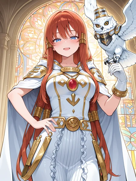 minerva - the exalted lightsworn, 1girl, blush, solo, smile, white owl, bird on arm, gold hair tubes, traditional media, open mouth, looking at viewer, angel wings, hand on own hip, white cape, white long dress, single white glove, hood down, 1other, red jewelry,stained glass, 
masterpiece,best quality,amazing quality,very aesthetic,absurdres,newest,<lora:Minerva, the Exalted Lightsworn illuXL v1.1:0.75>,