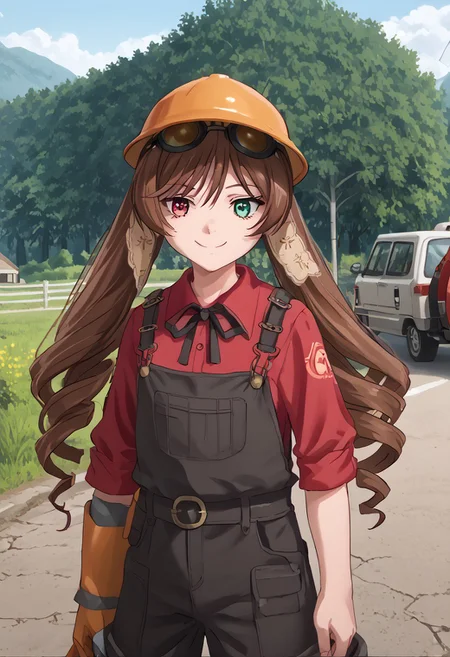 score_9, score_8_up, score_7_up, score_6_up, high resolution, gorgeous, absurdres, best quality, anime screencap, source_anime, Expressiveh, 1girl, outdoors, daytime, suiseiseki, def, hardhat, sunglasses, single glove, redengie, red shirt, overalls, solo, brown hair, twin drills, heterochromia, smile