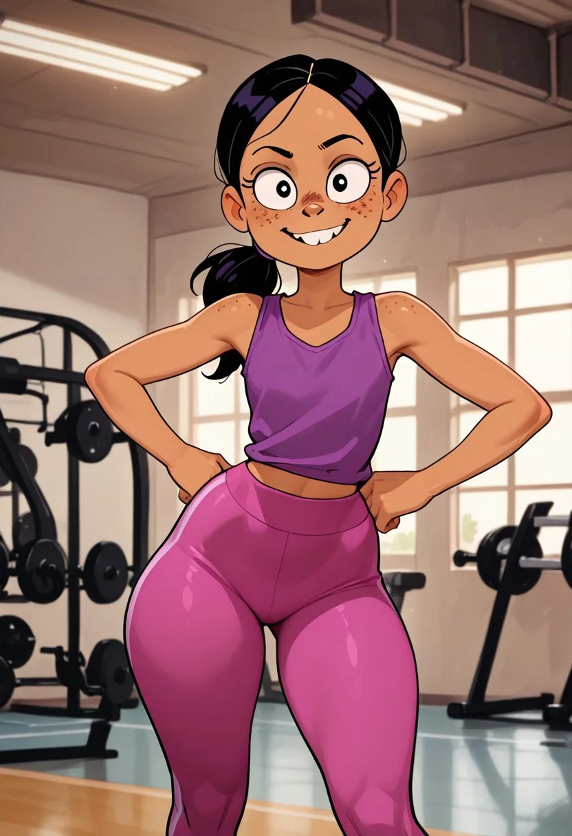 1girl, solo, ronnie anne santiago, brown skin, black hair, long hair, chipped teeth, freckles, wide hips, hands on hips, purple sleeveless top, pink leggings, smiling, standing, indoors, gym, looking at viewer