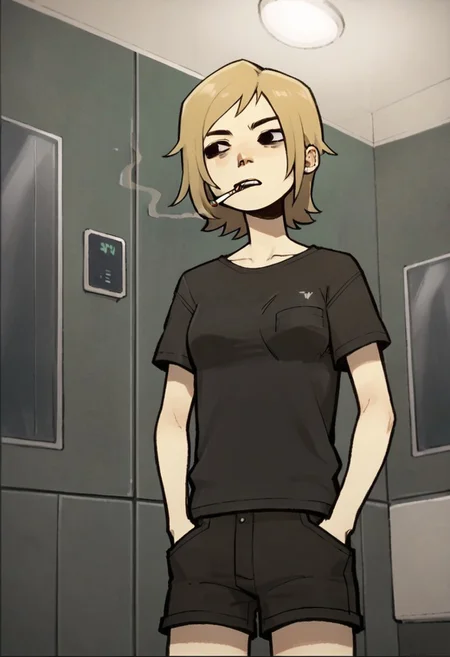 score_9,score_8_up,score_7_up,score_6_up,source anime BREAK, 1girl, solo, short hair, blonde hair, black t-shirt, black shorts, low angle, in elevator, black eyes, cigarette in mouth, dynamic pose, hands in pocket