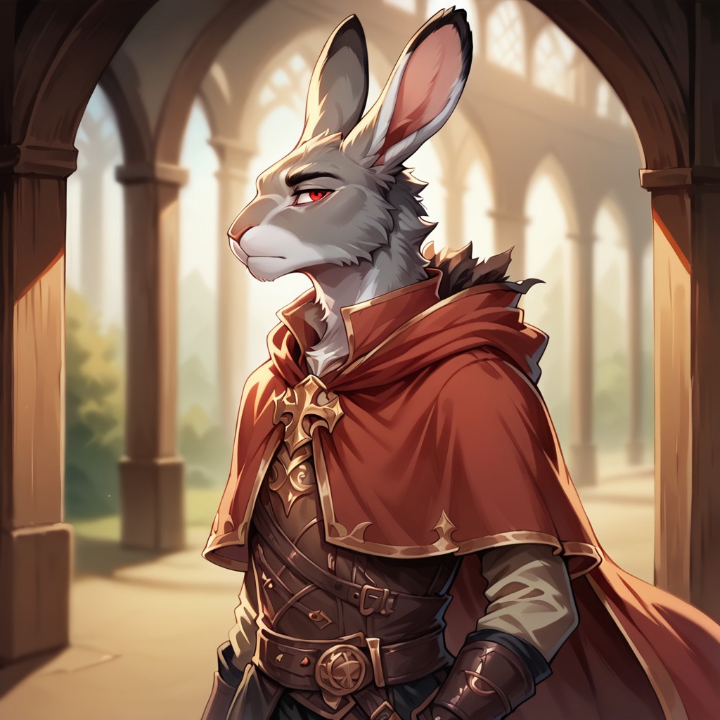 (((detailed, beautiful, high quality))), score_9, score_8_up, score_7_up, solo, 
harengon, furry hare, tail,
1 boy, male focus, red eyes, gray skin, red capelet, beige shirt,
looking at the viewer,
fantasy background, blurred background,