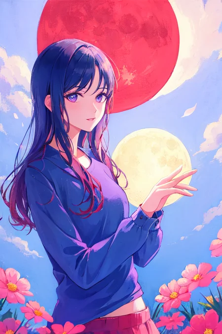 Samia, girl, solo, shirt, looking at you, face,midriff, perfect, flowers, high quality, moon kiss, radiant, moon, red moon, galant