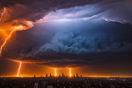 a burning city, thunderstorm, end of days