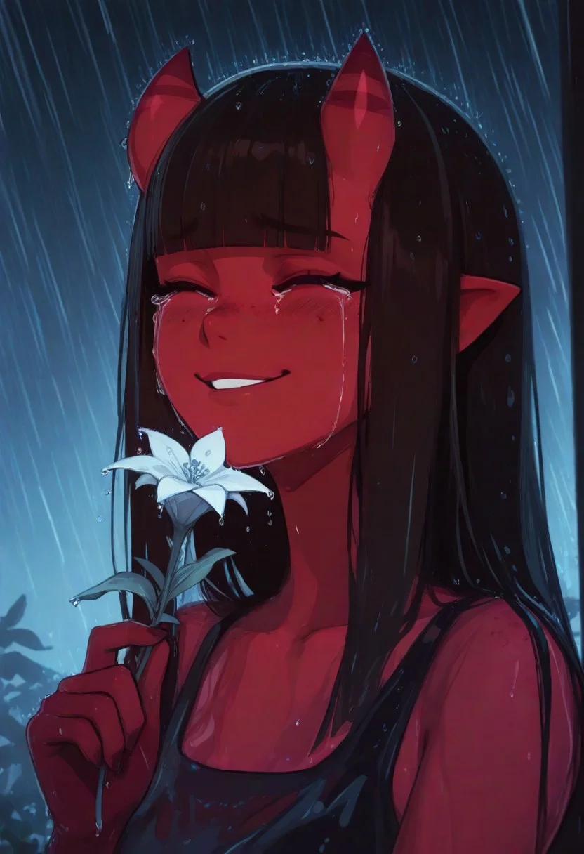 masterpiece,best quality,absurdres,very awa,highres,newest,year 2024,year 2023,,XUER guangying,
sad,1girl,crying,holding flower,dark,portrait,sketch,limited palette,sidelighting,smile,no eyes,long hair,hair between eyes,wet hair,rain,water drop,
(sexy, slutty, hot, aroused), happy,
meruILXL, colored skin, red skin, smooth horns, brown hair, blunt bangs, freckles, long hair