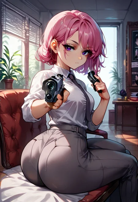 score_9, score_8_up, score_7_up, source_cartoon, solo, 1girl, sexy girl, CivChan, purple eyes, pink hair, button-up white shirt, formalwear, ((business suit))), (((gray suit))), white shirt, gray necktie, gray jacket, armpits, expressionless, flexible, legs down, 1940, noir <lora:Neon_Noir_Pony:0.8>, sitting in detective's office, Side Lounging Pose, holding weapon, handgun, holding gun, aiming at viewer, revolver, finger on trigger, ass, boots, venetian blinds, reading lamp, comic style, noir, solo, close up, winter colors