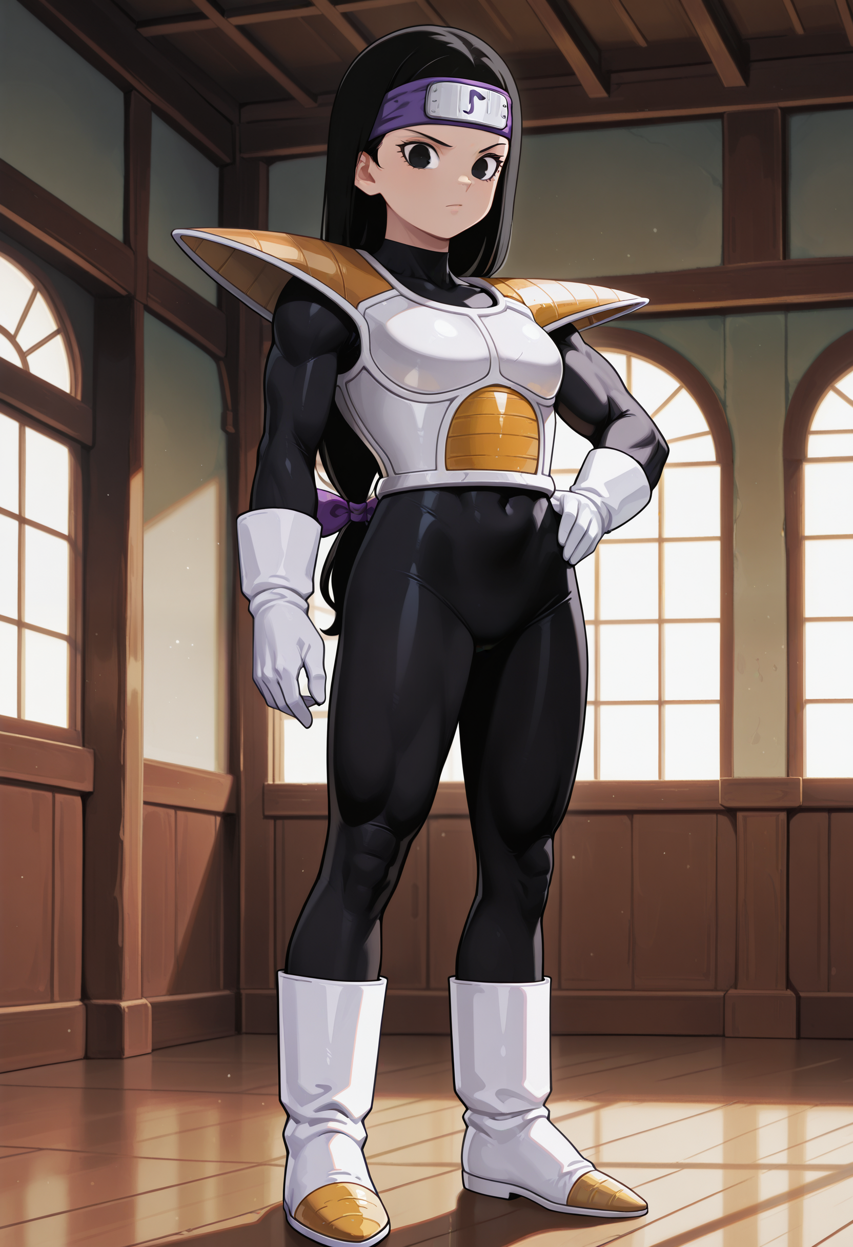 Tsch, 1girl, black hair, low-tied long hair, black eyes, purple bow, forehead protector, white saiyan armor, shoulder pad, black bodysuit, white gloves, white boots, muscular, hand on hip, looking at viewer, indoors, best quality, very aesthetic, masterpiece,