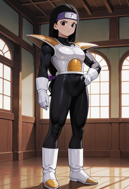 Tsch, 1girl, black hair, low-tied long hair, black eyes, purple bow, forehead protector, white saiyan armor, shoulder pad, black bodysuit, white gloves, white boots, muscular, hand on hip, looking at viewer, indoors, best quality, very aesthetic, masterpiece,