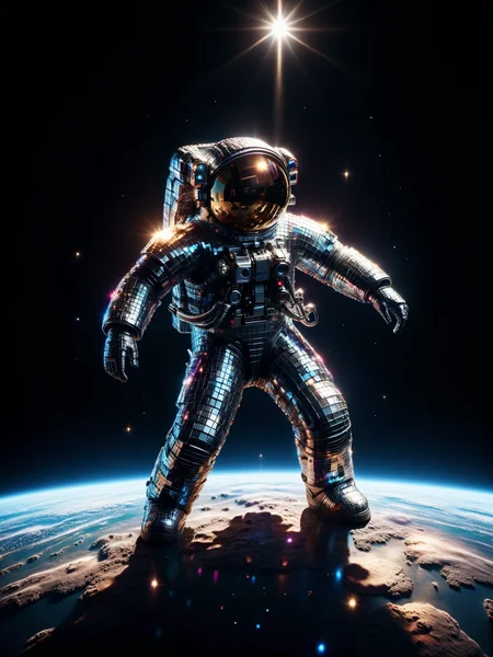 astronaut made of mad-dscbll (earth:1.4), floating in space, spotlight, colorful light reflections, shine, sparkle<lora:Disco_Style_SDXL:1.0>, masterpiece, best quality, ultra high res, (photorealistic, realistic:1.2), deep shadow, raw photo, film grain, Fujifilm XT3, 8k uhd, dslr